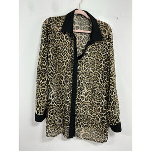 Womans Rafaella Woman Long Sleeve Sheer Blouse 1X Black Brown Animal Print